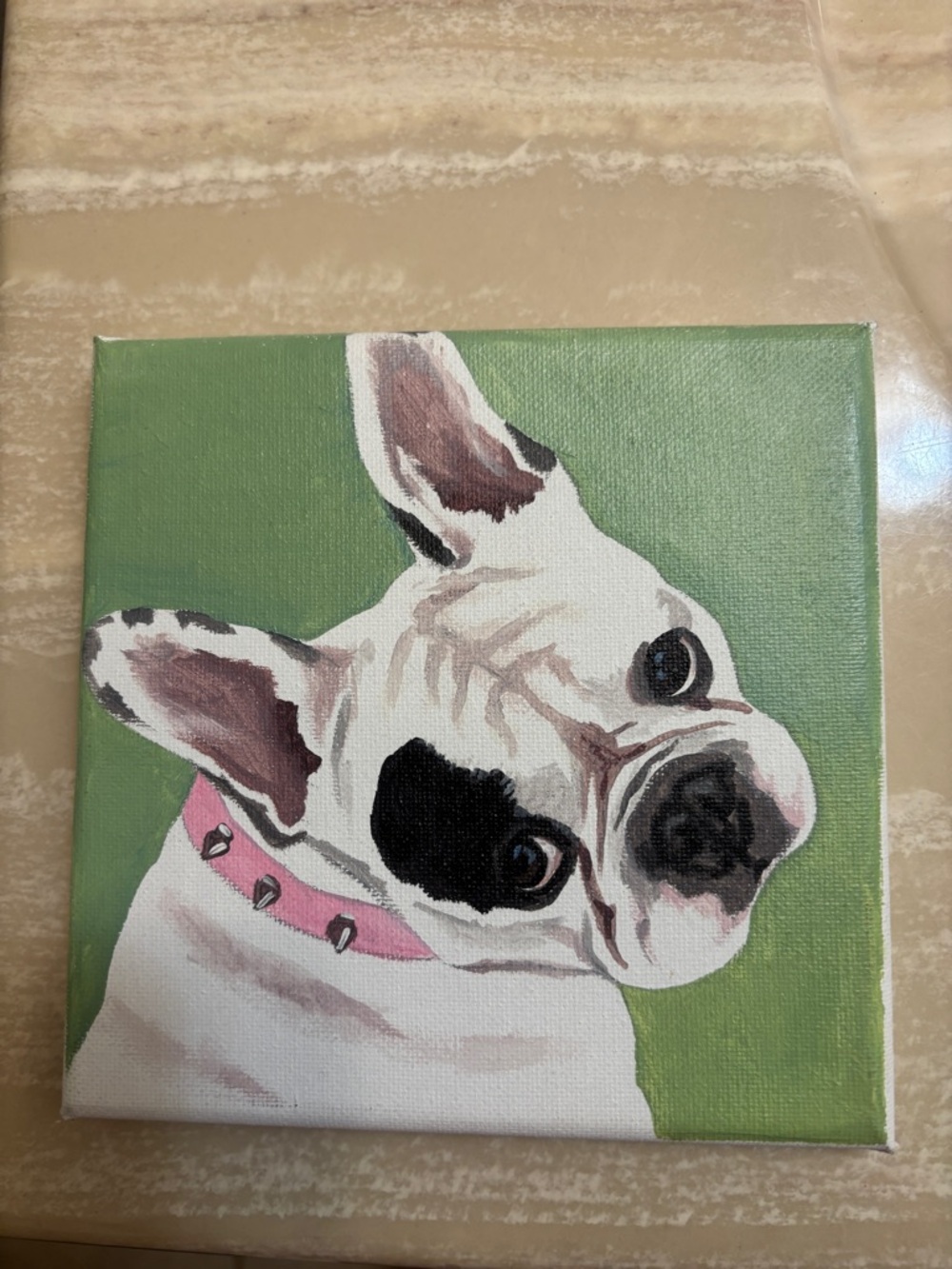 French Bulldog Canvas Art with Green Background and Pink Collar